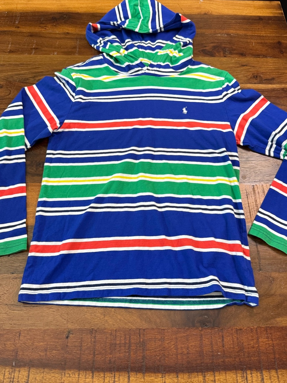 Polo Ralph Lauren Boys Striped Hooded Long Sleeve Shirt Size L 14-16 Pony Logo